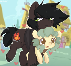 Size: 1590x1483 | Tagged: safe, artist:mushy, oc, oc only, oc:pea, pony, baby carrier, duo, female, happy, heart, male, ponyville, walking