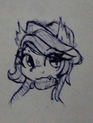 Size: 480x640 | Tagged: safe, artist:zebra, oc, oc only, bat pony, bust, hat, monochrome, ponerpics import, portrait, sketch, solo, traditional art