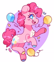 Size: 1916x2241 | Tagged: safe, artist:cocopudu, pinkie pie, earth pony, pony, g4, balloon, chest fluff, coat markings, colored hooves, confetti, female, mare, multicolored hooves, no pupils, open mouth, open smile, simple background, smiling, solo, unshorn fetlocks, white background, white pupils