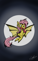 Size: 800x1280 | Tagged: safe, artist:therandomjoyrider, fluttershy, bat pony, pony, g4, 2015, anatomically incorrect, bat ponified, fangs, flutterbat, full moon, incorrect leg anatomy, moon, race swap, solo