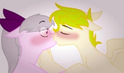 Size: 1176x698 | Tagged: safe, artist:sirena-flitter, oc, oc:flash art, oc:sweet tune, earth pony, pegasus, pony, blushing, bow, hair bow, kissing, ponytail