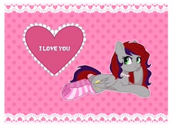 Size: 2048x1486 | Tagged: safe, artist:arllistar, oc, oc only, oc:evening prose, pegasus, pony, clothes, female, freckles, holiday, jewelry, mare, necklace, pearl necklace, socks, solo, striped socks, valentine, valentine's day