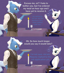 Size: 1920x2160 | Tagged: safe, artist:papadragon69, pokey pierce, rarity, unicorn, anthro, g4, 3d, candle, clothes, dialogue, dress, eyeshadow, female, glass, humor, makeup, male, necktie, pants, plate, restaurant, satire, shirt, sitting, source filmmaker, table, wine glass