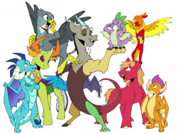 Size: 6000x4500 | Tagged: safe, artist:chub-wub, big macintosh, discord, gabby, peewee, princess ember, smolder, spike, thorax, changedling, changeling, draconequus, dragon, earth pony, griffon, phoenix, pony, g4, absurd resolution, best friends, crossed arms, cute, dragon wings, eyebrows, eyebrows visible through hair, eyes closed, female, flexing, grin, group, hand on chest, hand on hip, holding a dragon, king thorax, male, open mouth, open smile, pedestal, simple background, smiling, spikabetes, spike day, spikelove, spread wings, stallion, unshorn fetlocks, white background, winged spike, wings