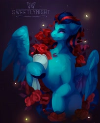 Size: 3343x4096 | Tagged: safe, artist:sweetlynight, oc, oc only, oc:andrew swiftwing, pegasus, pony, bouquet, flower, male, rose, simple background, solo, stallion, wings