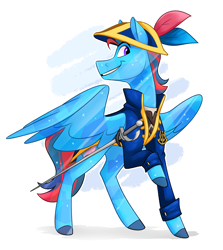 Size: 2408x2700 | Tagged: safe, artist:luximus17, oc, oc only, oc:andrew swiftwing, oc:swift sail, crystal pony, pegasus, pony, alternate universe, clothes, coat, fantasy class, feather, hat, high res, raised hoof, rapier, solo, sword, weapon, wings