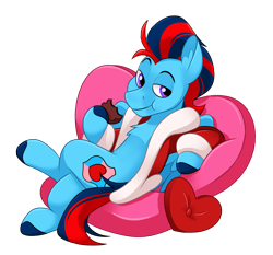 Size: 2709x2520 | Tagged: safe, artist:luximus17, oc, oc only, oc:andrew swiftwing, pegasus, pony, chest fluff, chocolate, clothes, crossed legs, ear fluff, eating, eyebrows, folded wings, food, heart, heart pillow, high res, lidded eyes, looking at you, male, pillow, robe, seductive pose, simple background, smiling, smiling at you, smirk, smug, solo, stallion, transparent background, wings