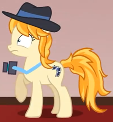 Size: 400x431 | Tagged: safe, artist:jan, press pass, press release (character), earth pony, pony, vocational death cruise, g4, camera, female, film reel, hat, mare, shocked, shocked expression, solo