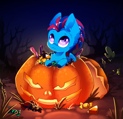 Size: 3290x3189 | Tagged: safe, artist:arctic-fox, oc, oc only, oc:andrew swiftwing, pegasus, pony, candy, chibi, colt, cute, foal, food, halloween, high res, holiday, jack-o-lantern, male, pumpkin, solo