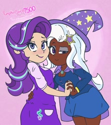 Size: 1779x2013 | Tagged: safe, artist:pumpkinspice751, starlight glimmer, trixie, human, g4, breasts, dark skin, duo, female, holding hands, humanized, lesbian, ship:startrix, shipping