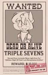 Size: 1329x2047 | Tagged: safe, artist:triplesevens, oc, oc only, oc:triple sevens, pony, unicorn, monochrome, solo, text, wanted poster