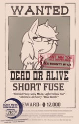 Size: 1315x2048 | Tagged: safe, artist:triplesevens, oc, oc only, oc:short fuse, pony, unicorn, monochrome, solo, wanted poster