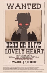 Size: 1327x2048 | Tagged: safe, artist:triplesevens, oc, oc only, oc:lovely heart, pony, monochrome, silhouette, text, wanted poster