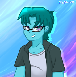 Size: 1911x1946 | Tagged: safe, artist:janeblood969, oc, oc only, oc:winter sky, equestria girls, g4, clothes, gift art, glasses, male, shirt, short hair, simple background, smiling, solo