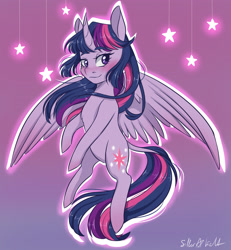 Size: 2500x2700 | Tagged: safe, artist:silbersternenlicht, twilight sparkle, alicorn, pony, g4, blushing, eyebrows, eyebrows visible through hair, female, gradient background, high res, mare, smiling, solo, spread wings, stars, twilight sparkle (alicorn), wings