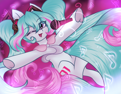 Size: 1800x1400 | Tagged: safe, artist:tresmariasarts, pony, anime, hatsune miku, microphone, one eye closed, ponified, solo, vocaloid