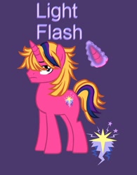 Size: 985x1263 | Tagged: safe, oc, pony, unicorn, male, next generation, offspring, parent:flash sentry, parent:twilight sparkle, parents:flashlight, purple background, simple background
