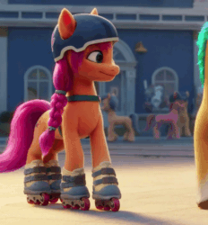 Size: 600x646 | Tagged: safe, screencap, hitch trailblazer, sunny starscout, earth pony, pony, g5, my little pony: a new generation, spoiler:my little pony: a new generation, animated, cropped, cute, female, gif, helmet, male, mare, offscreen character, roller skates, stallion