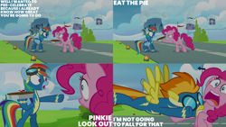Size: 1280x720 | Tagged: safe, edit, edited screencap, editor:quoterific, screencap, pinkie pie, rainbow dash, spitfire, earth pony, pegasus, pony, g4, season 7, secrets and pies, bipedal, clothes, female, flying, food, mare, open mouth, open smile, pie, smiling, uniform, wonderbolts uniform
