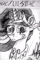 Size: 3006x4453 | Tagged: safe, artist:aldairsparkle, oc, oc:twilight, alicorn, pegasus, pony, unicorn, all'swork studios, greek language, pencil, pencil drawing, photo, serious, serious face, solo, spoilers for another series, traditional art