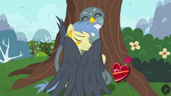 Size: 1920x1080 | Tagged: safe, artist:facelessjr, gabby, goldengrape, sir colton vines iii, bird, griffon, pony, background pony, balloon, box of chocolates, chest fluff, comfy, cute, female, flower, forest, grooming, hearts and hooves day, hot air balloon, hug, interspecies, male, mountain, nature, preening, rose, shipping, smiling, stallion, straight, tree, waterfall, winghug, wings