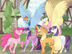 Size: 2160x1620 | Tagged: safe, artist:cerulean-crow, angel bunny, applejack, fluttershy, pinkie pie, rainbow dash, rarity, spike, twilight sparkle, dragon, earth pony, pegasus, pony, rabbit, unicorn, friendship is magic, g4, angel riding fluttershy, animal, dragons riding ponies, female, group, large wings, male, mane seven, mane six, mare, on head, open mouth, outdoors, ponyville, rabbits riding ponies, riding, spike riding twilight, unicorn twilight, wings