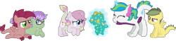 Size: 1727x399 | Tagged: safe, artist:starryoak, oc, oc only, oc:cobalt, oc:emerald, oc:emerald topaz, oc:jeweliana diane belle, oc:sweet charmer, oc:turbulence, dracony, hybrid, half-siblings, interdimensional siblings, interspecies offspring, offspring, parent:rarity, parent:scootaloo, parent:spike, parent:sweetie belle, parents:canon x oc, parents:scootaspike, parents:sparity, parents:spikebelle, simple background, transparent background