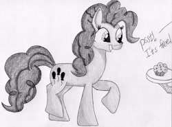 Size: 2848x2105 | Tagged: safe, artist:okaboka, pinkie pie, earth pony, pony, g4, 2013, food, high res, monochrome, muffin, pencil drawing, raised hoof, traditional art