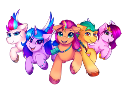 Size: 3705x2720 | Tagged: safe, artist:legionsunite, hitch trailblazer, izzy moonbow, pipp petals, sunny starscout, zipp storm, earth pony, pegasus, pony, unicorn, g5, my little pony: tell your tale, female, high res, male, mane five, mane stripe sunny, mare, simple background, stallion, transparent background