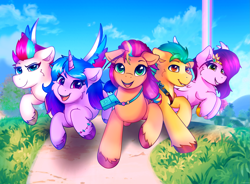 Size: 3705x2720 | Tagged: safe, alternate version, artist:legionsunite, hitch trailblazer, izzy moonbow, pipp petals, sunny starscout, zipp storm, earth pony, pegasus, pony, unicorn, g5, my little pony: tell your tale, female, grass, group, high res, male, mane five, mane stripe sunny, mare, quintet, rainbow, royal sisters (g5), siblings, sisters, stallion