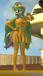 Size: 2160x3840 | Tagged: safe, artist:dangerousdpad, oc, oc only, oc:green screen, pegasus, anthro, plantigrade anthro, 3d, anthro oc, boat, clothes, female, glasses, gloves, high res, pegasus oc, short shirt, sign, skirt, socks, solo, thigh highs, warning sign