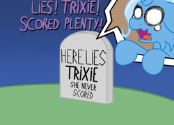 Size: 3492x2503 | Tagged: safe, artist:justapone, trixie, pony, unicorn, g4, beavis and butthead, blatant lies, colored, dialogue, digital art, februpony, female, grave, gravestone, he never scored, high res, lies, mare, screaming