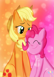 Size: 2480x3508 | Tagged: safe, artist:ace play, applejack, pinkie pie, earth pony, pony, g4, female, high res, lesbian, mare, nuzzling, ship:applepie, shipping, sitting, smiling