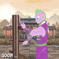 Size: 1280x1280 | Tagged: safe, artist:spike-love, spike, dragon, anthro, g4, adult, adult spike, angry, character:fu-dao-long, dragon kingdom, kung fu, martial arts, master spike, older, older spike, practice, temple, wooden dummy