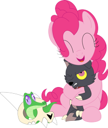 Size: 2982x3556 | Tagged: safe, artist:porygon2z, gummy, pinkie pie, alligator, earth pony, pony, titan, g4, broken horn, collar, crossover, high res, hilarious in hindsight, horn, king clawthorne, show accurate, simple background, skull, the owl house, transparent background, trio, unmasked