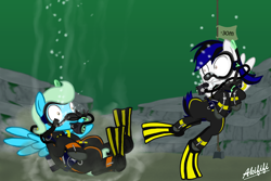 Size: 3000x2000 | Tagged: safe, artist:akififi, oc, oc:sea glow, pegasus, pony, air tank, crash, dive mask, duo, fail, flippers (gear), high res, scuba diving, scuba gear, spooked, surprised, underwater, wetsuit