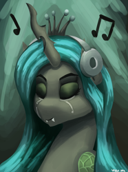 Size: 1000x1346 | Tagged: safe, artist:vezja, queen chrysalis, changeling, changeling queen, g4, abstract background, bust, crying, eyes closed, fangs, female, headphones, horn, listening to music, music notes, portrait, simple background, solo, wings