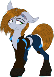 Size: 1262x1800 | Tagged: safe, artist:coreboot, oc, oc:littlepip, pony, unicorn, fallout equestria, alternate design, boots, clothes, cyberpunk, horn, jacket, jeans, one ear down, pants, shoes, simple background, small horn, solo, sticker, tail, tail hole, transparent background
