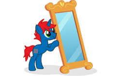 Size: 1098x691 | Tagged: safe, artist:ry-bluepony1, artist:tominokurra, oc, oc only, oc:train track, pony, unicorn, g4, base used, green eyes, hair, horn, male, mane, mirror, show accurate, simple background, smiling, solo, stallion, tail, transparent background, unicorn oc