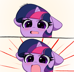 Size: 4704x4580 | Tagged: safe, artist:kittyrosie, twilight sparkle, pony, unicorn, g4, 2 panel comic, absurd resolution, adorable distress, angry dog noises, anime style, blushing, comic, cute, cute little fangs, fangs, female, floppy ears, mare, meme, open mouth, ponified meme, simple background, solo, twiabetes, unicorn twilight, white background