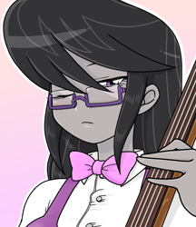 Size: 640x740 | Tagged: safe, artist:batipin, octavia melody, equestria girls, g4, bowtie, cello, female, glasses, looking at you, musical instrument, one eye closed, simple background, solo