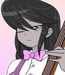 Size: 640x740 | Tagged: safe, alternate version, artist:batipin, octavia melody, equestria girls, g4, bowtie, cello, female, looking at you, musical instrument, one eye closed, simple background, solo
