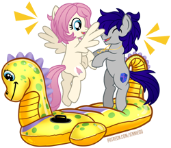 Size: 1100x950 | Tagged: safe, artist:jennieoo, oc, oc:gentle star, oc:maverick, earth pony, pegasus, pony, cute, happy, holding hooves, inflatable, inflatable seahorse, inflatable toy, intex, jumping, laughing, ocbetes, pool toy, show accurate, simple background, smiling, spread wings, transparent background, vector, wings