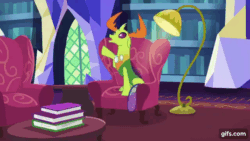 Size: 640x360 | Tagged: safe, screencap, thorax, changedling, changeling, g4, season 7, triple threat, animated, book, couch, gif, gifs.com, king thorax, king thorax the fabulous, library, male, open mouth, solo, twilight's castle, twilight's castle library