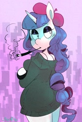 Size: 1580x2351 | Tagged: safe, artist:urbanqhoul, rarity, unicorn, anthro, g4, beatnik rarity, beret, cigarette, clothes, female, hat, solo, sweater