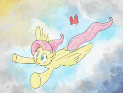 Size: 2000x1500 | Tagged: safe, alternate version, artist:underwoodart, derpibooru exclusive, fluttershy, bird, pegasus, pony, g4, cloud, digital art, female, flying, gliding, hooves out, mare, no pupils, open mouth, open smile, outdoors, sky, smiling, solo, spread wings, wings