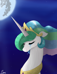 Size: 2550x3300 | Tagged: safe, artist:engi, princess celestia, alicorn, pony, lullaby for a princess, g4, bust, crown, crying, digital art, ethereal mane, eyes closed, female, floppy ears, high res, horn, jewelry, mare in the moon, moon, night, regalia, sad, solo, stars