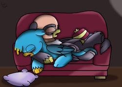 Size: 1296x926 | Tagged: safe, artist:beesmeliss, gallus, grampa gruff, griffon, g4, chibi, couch, pillow, sleeping