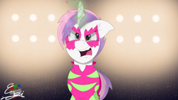 Size: 5120x2880 | Tagged: safe, artist:engi, sweetie belle, pony, unicorn, g4, season 1, the show stoppers, clothes, colored pupils, concert, determined, female, horn, looking at you, magic, makeup, performance, show stopper outfits, singing, solo, stage light