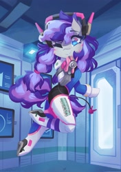 Size: 1438x2048 | Tagged: safe, artist:saxopi, oc, oc only, oc:cinnabyte, earth pony, semi-anthro, accessory, arm hooves, clothes, colored pupils, cosplay, costume, crossover, d.va, door, facial markings, female, futuristic, gun, hairband, headphones, looking at you, one eye closed, overwatch, ponified, solo, tail, two toned mane, two toned tail, video game crossover, weapon, whisker markings, wink, winking at you